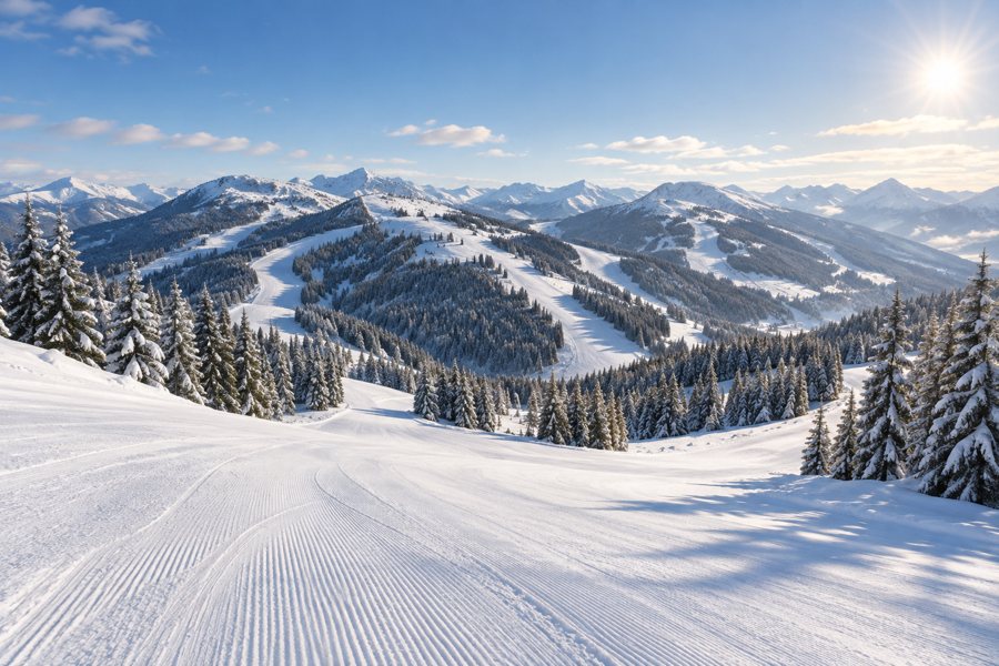 Illustration générée par IA d’un paysage de ski enneigé avec des pistes damées et des pentes boisées.