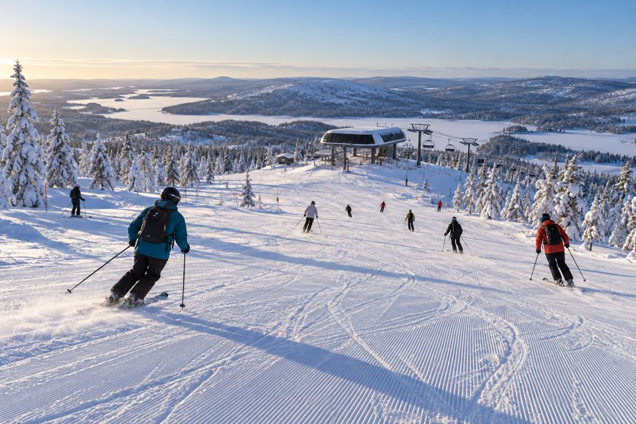 Illustration générée par IA de skieurs sur une piste damée près d’une remontée, dans un paysage enneigé.