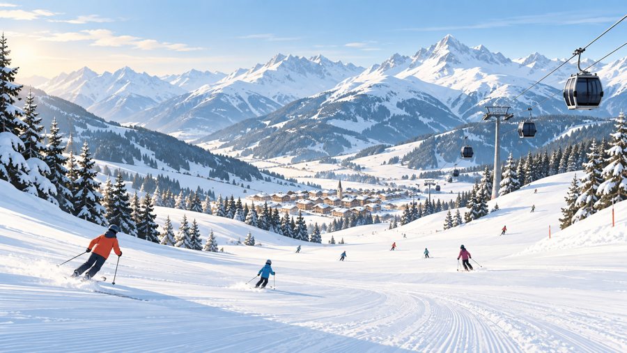 Illustration générée par IA d’une station de ski enneigée avec des skieurs, un village et des téléphériques