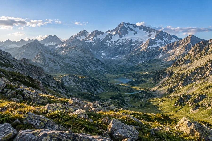 Illustration générée par IA d’une vallée verdoyante des Pyrénées, avec un lac de montagne et des sommets enneigés.