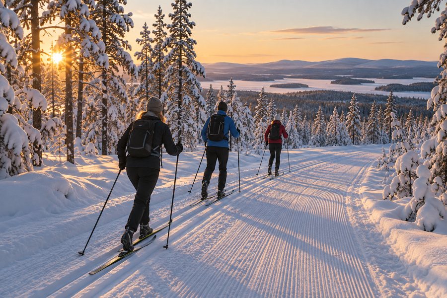 Illustration générée par IA : skieurs de fond sur une piste damée parmi les pins enneigés de Laponie finlandaise.