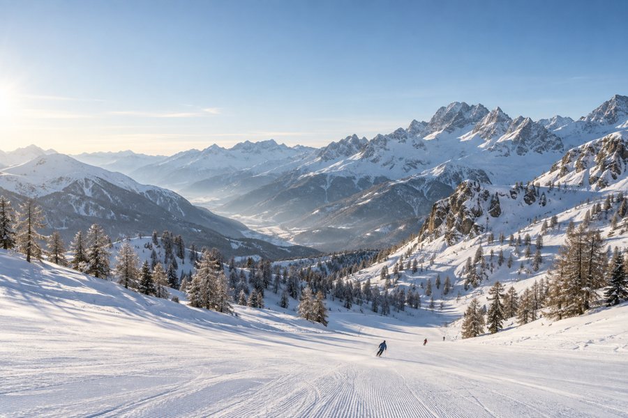 Illustration générée par IA d’une piste enneigée avec des skieurs devant un panorama alpin.
