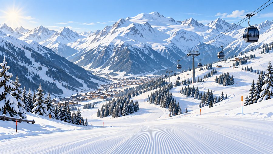 Illustration générée par IA d’un domaine skiable enneigé dans l’Ötztal, avec pistes et remontées mécaniques.
