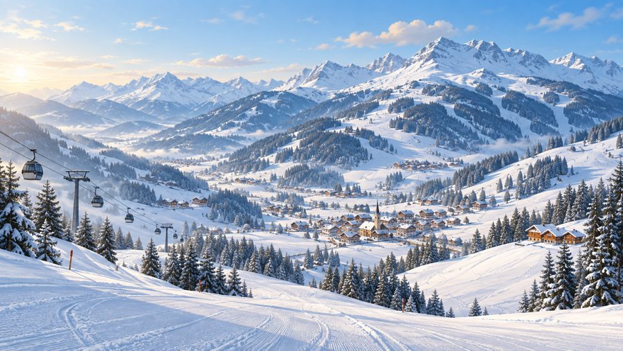 Illustration générée par IA d’un domaine skiable enneigé dans les Alpes de Kitzbühel, avec des remontées et un village dans la vallée