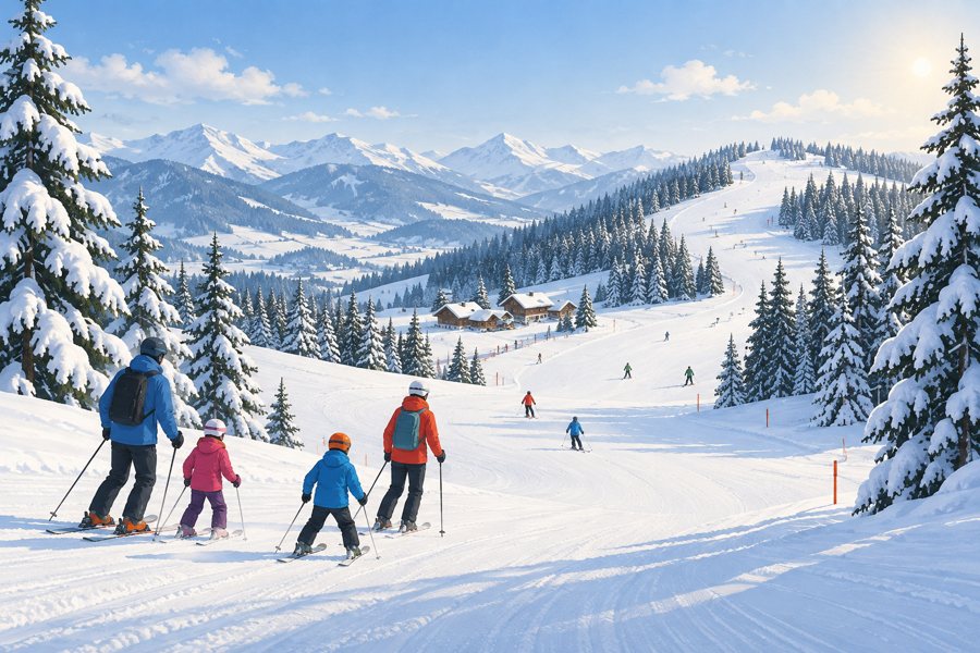 Illustration générée par IA : une famille skie sur une piste large et douce dans des montagnes enneigées.