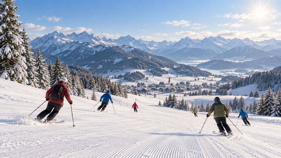 Illustrative Bavarian winter ski scene