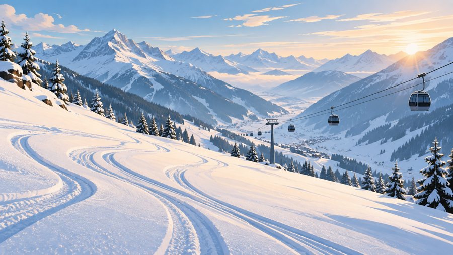 Illustration générée par IA d’une vallée enneigée avec des pistes et des remontées mécaniques pour le guide d’Ischgl.